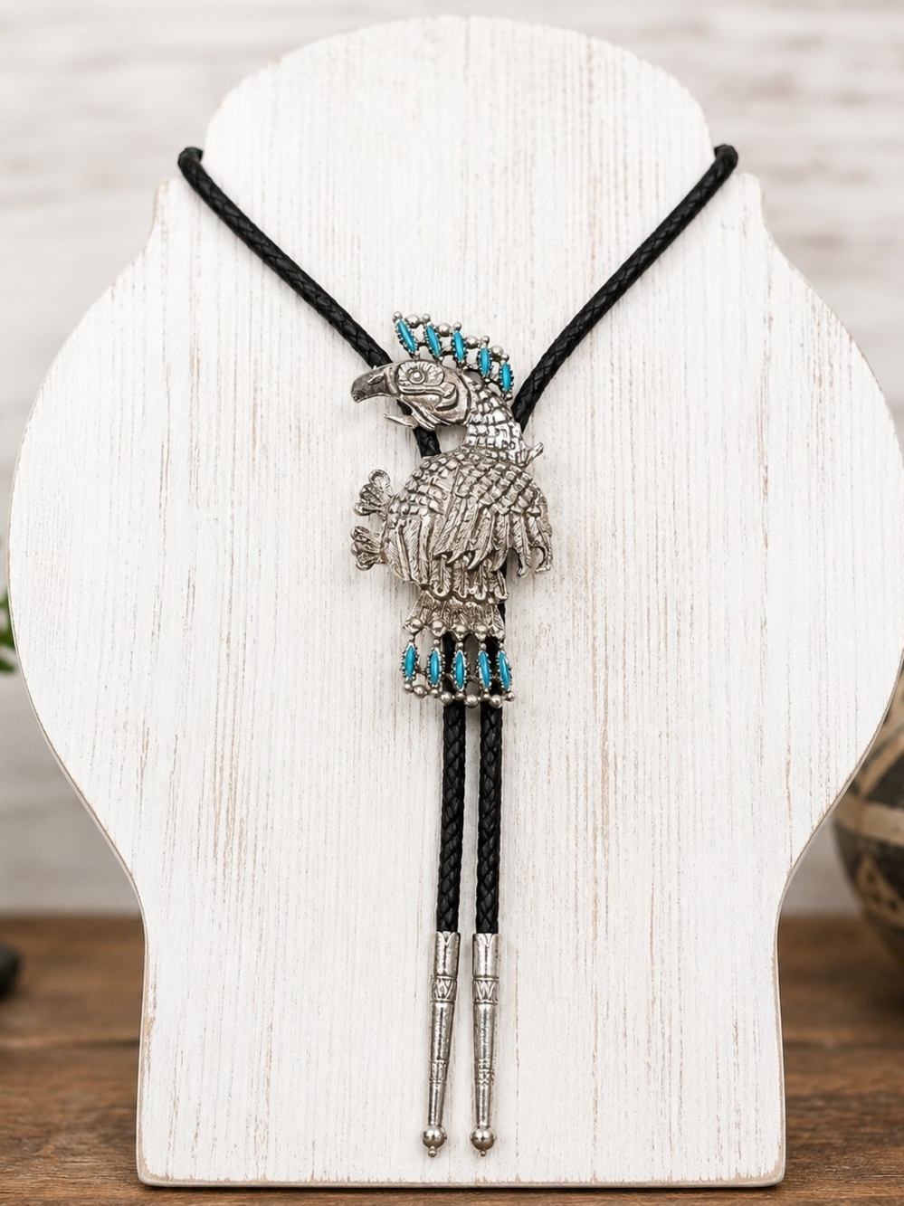 Silver Parrot Bolo Tie Necklace with Turquoise Accents - Women Jewelry